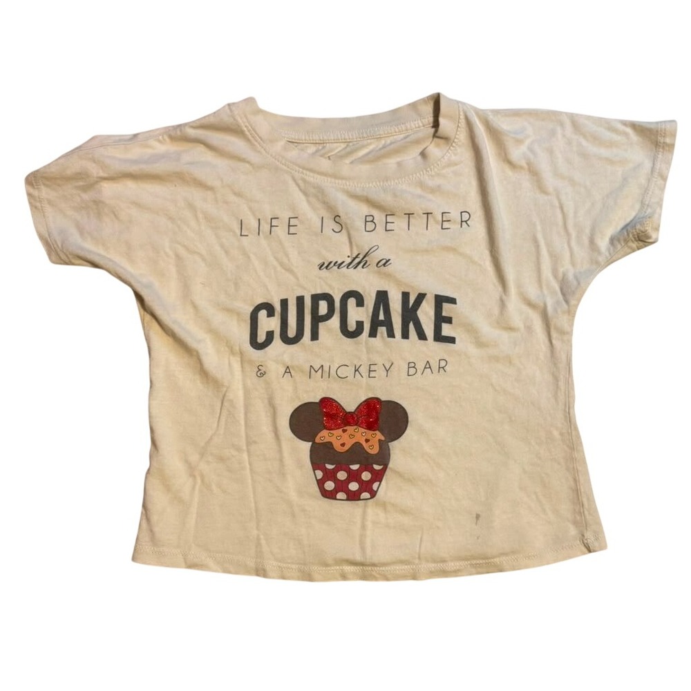 Disney Parks Womens Mickey Bar Cupcake Graphic T-Shirt Beige Medium